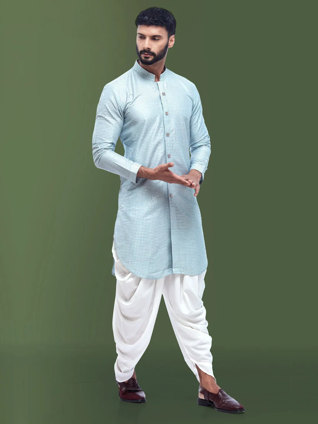 Light Blue Shining Kurta in Cotton Silk for Men