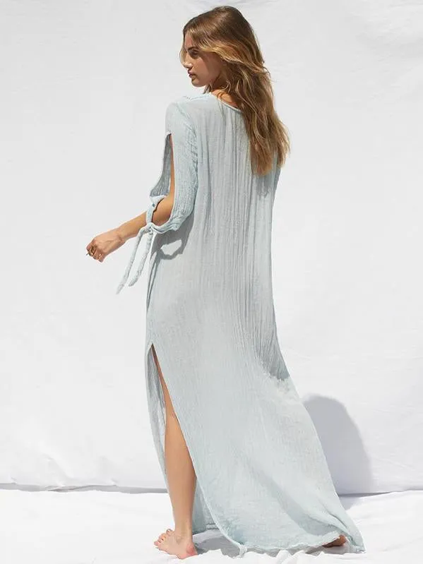 Light Blue Solid Color V-neck Split-side Maxi Dress