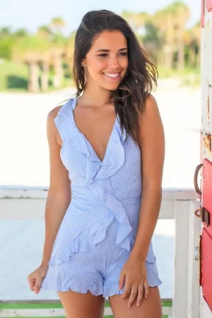 Light Blue Striped Ruffled Romper