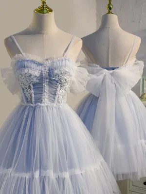 Light Blue Tulle with Beaded Short Homecoming Dresses, Blue Short Prom Dresses