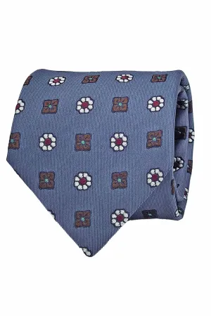 LIGHT BLUE, WHITE & BROWN FLORAL VINTAGE SILK HAND MADE TIE