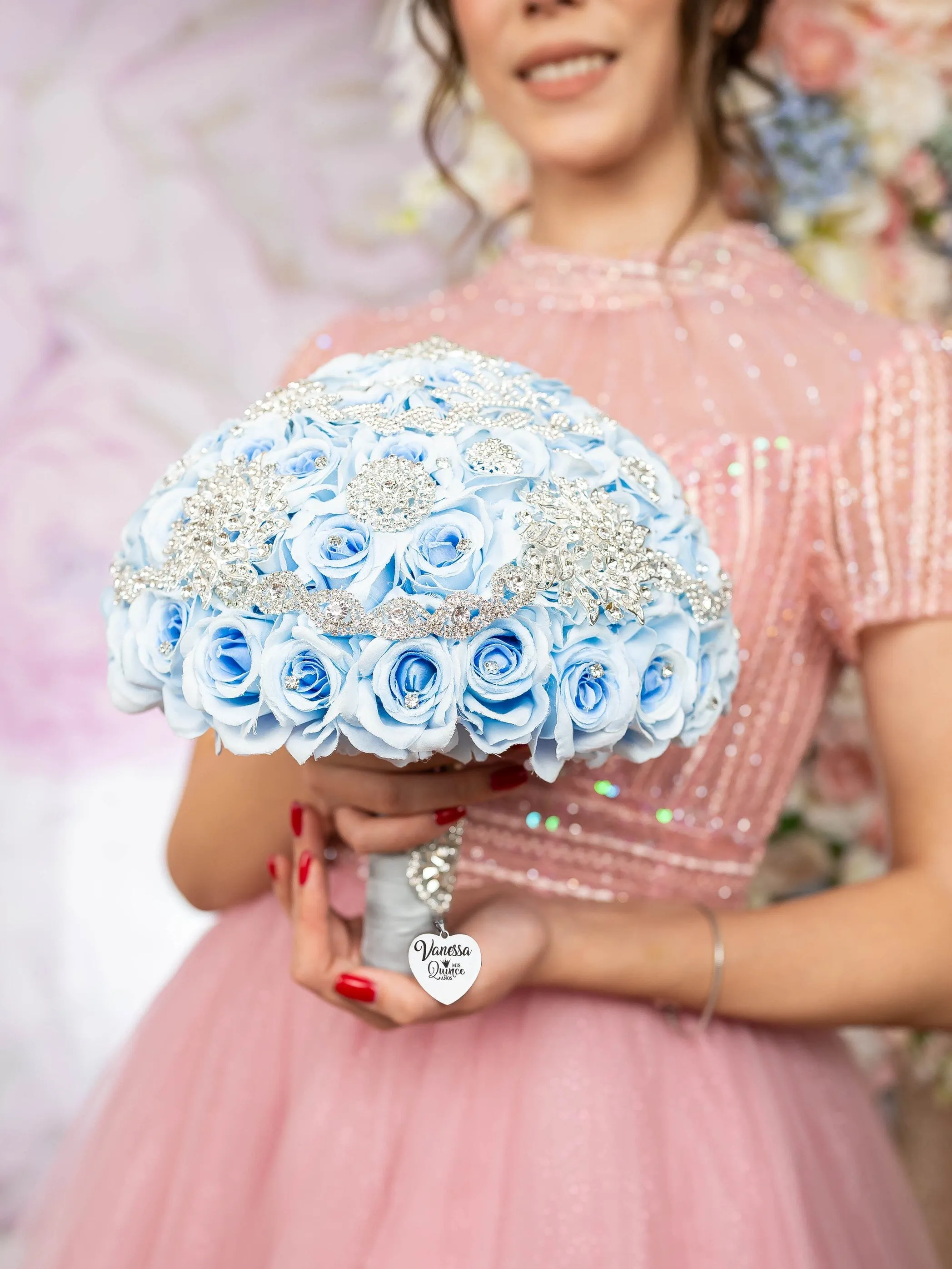 Light blue with Pink last teddy bear for quinceanera