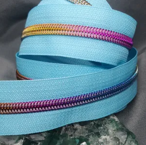 Light Blue with Rainbow teeth Zipper tape