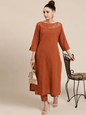 Light  Brown Embroidered Kurta Set