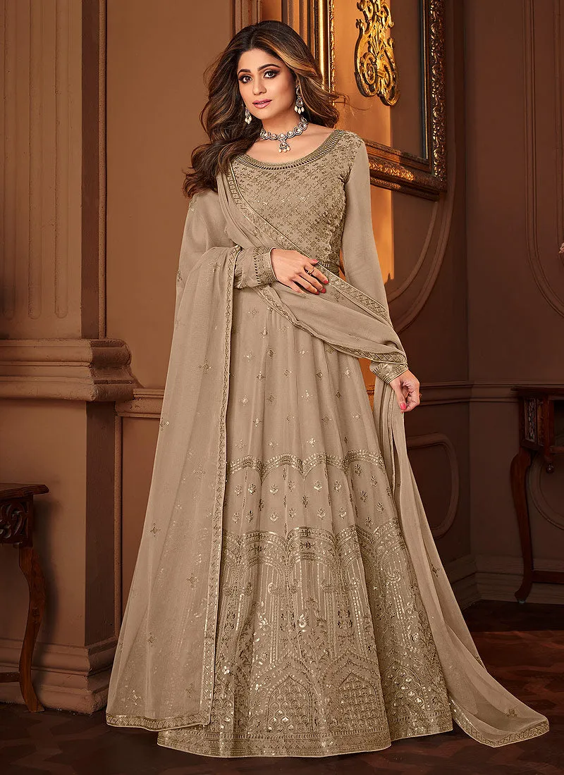 Light Brown Lucknowi Embroidered Anarkali Suit