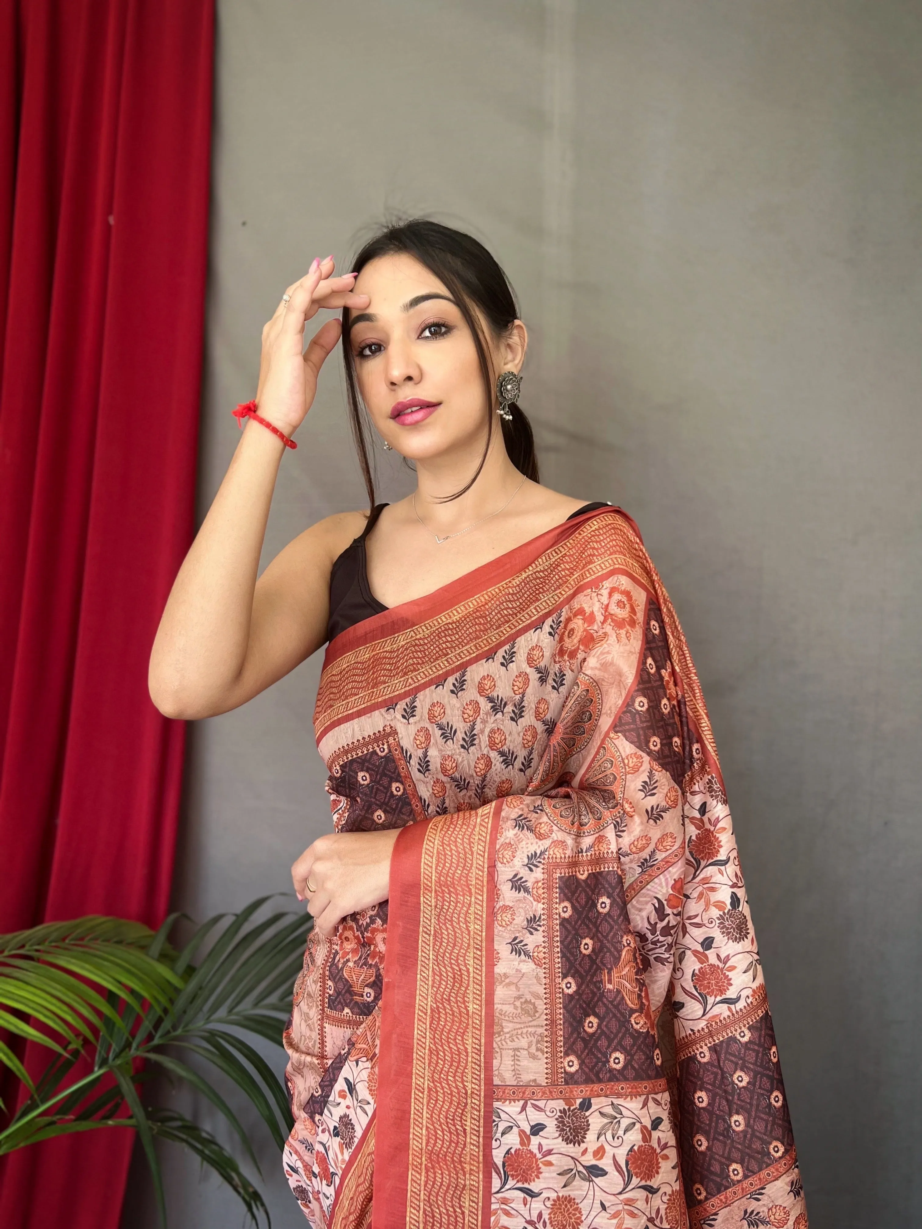 Light Brown Saree in Silk Cotton Print