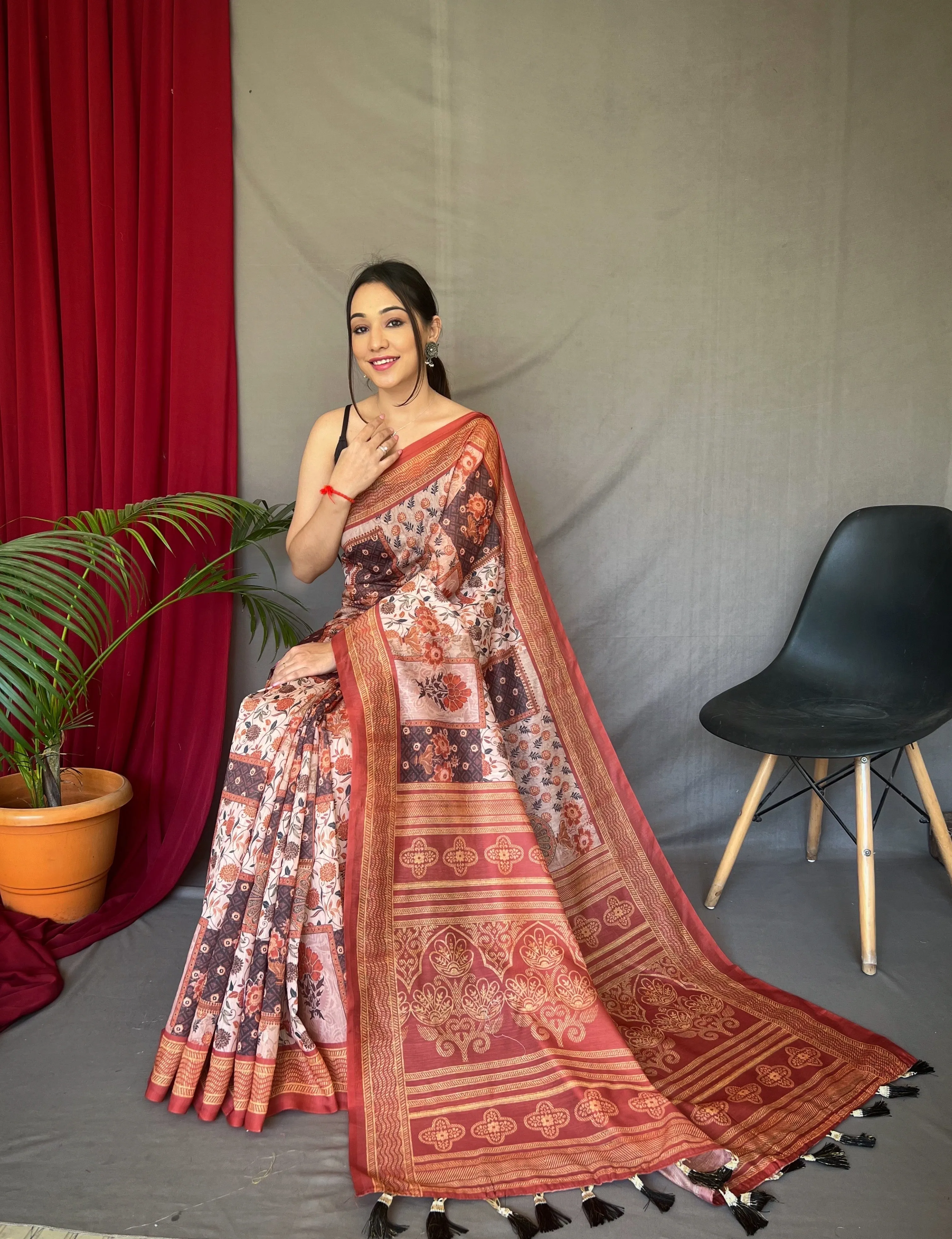 Light Brown Saree in Silk Cotton Print