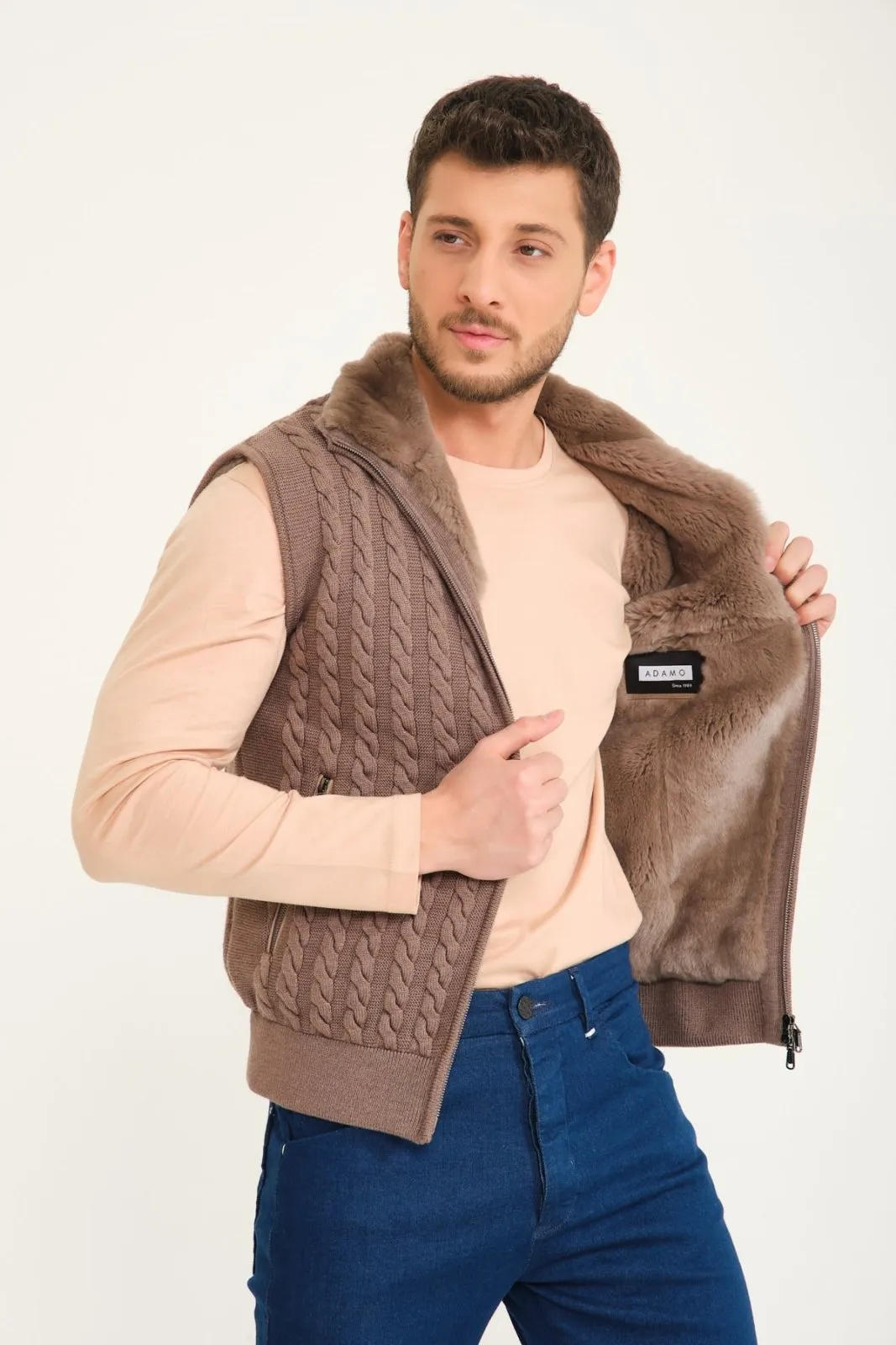 Light Brown Wool & Rex Fur Knit Vest