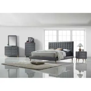 Light Gray Buttonless Tufted Fabric Queen Bed with Natural finish legs