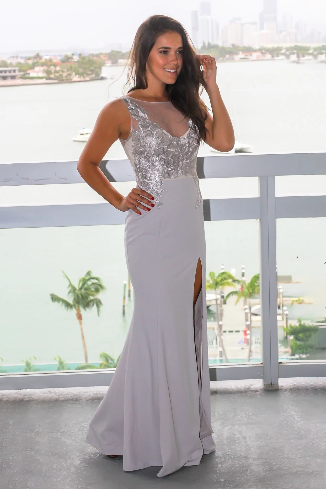 Light Gray Embroidered Top Maxi Dress with Side Slit