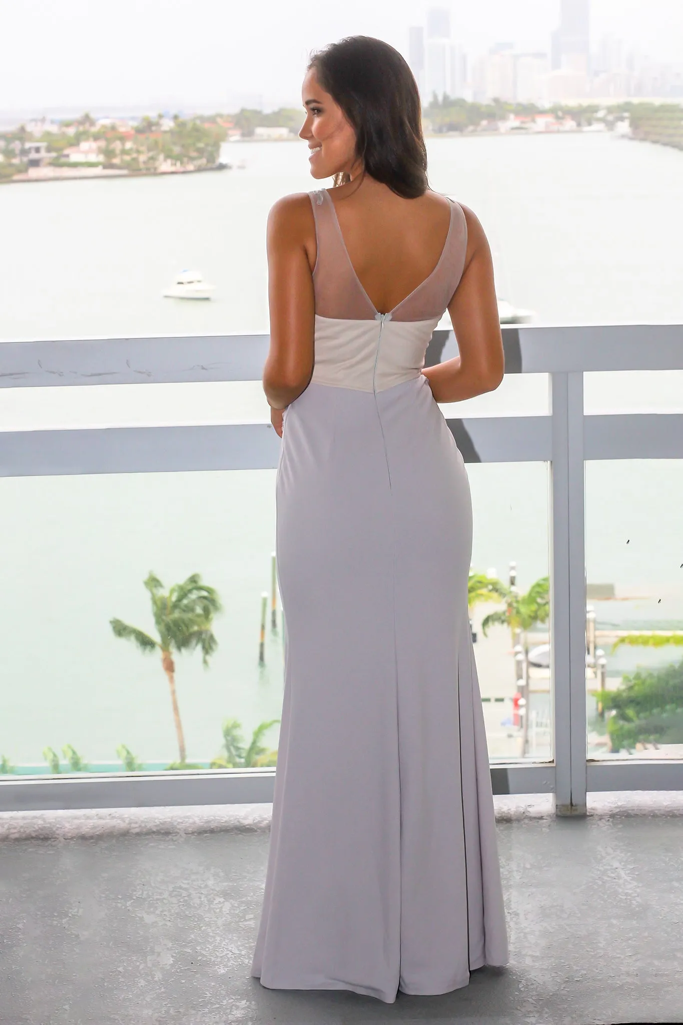 Light Gray Embroidered Top Maxi Dress with Side Slit