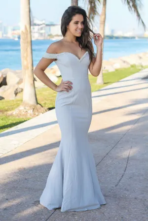 Light Gray Off Shoulder Maxi Dress with Pearl Detail