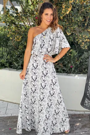 Light Gray Snake Print One Shoulder Maxi Dress