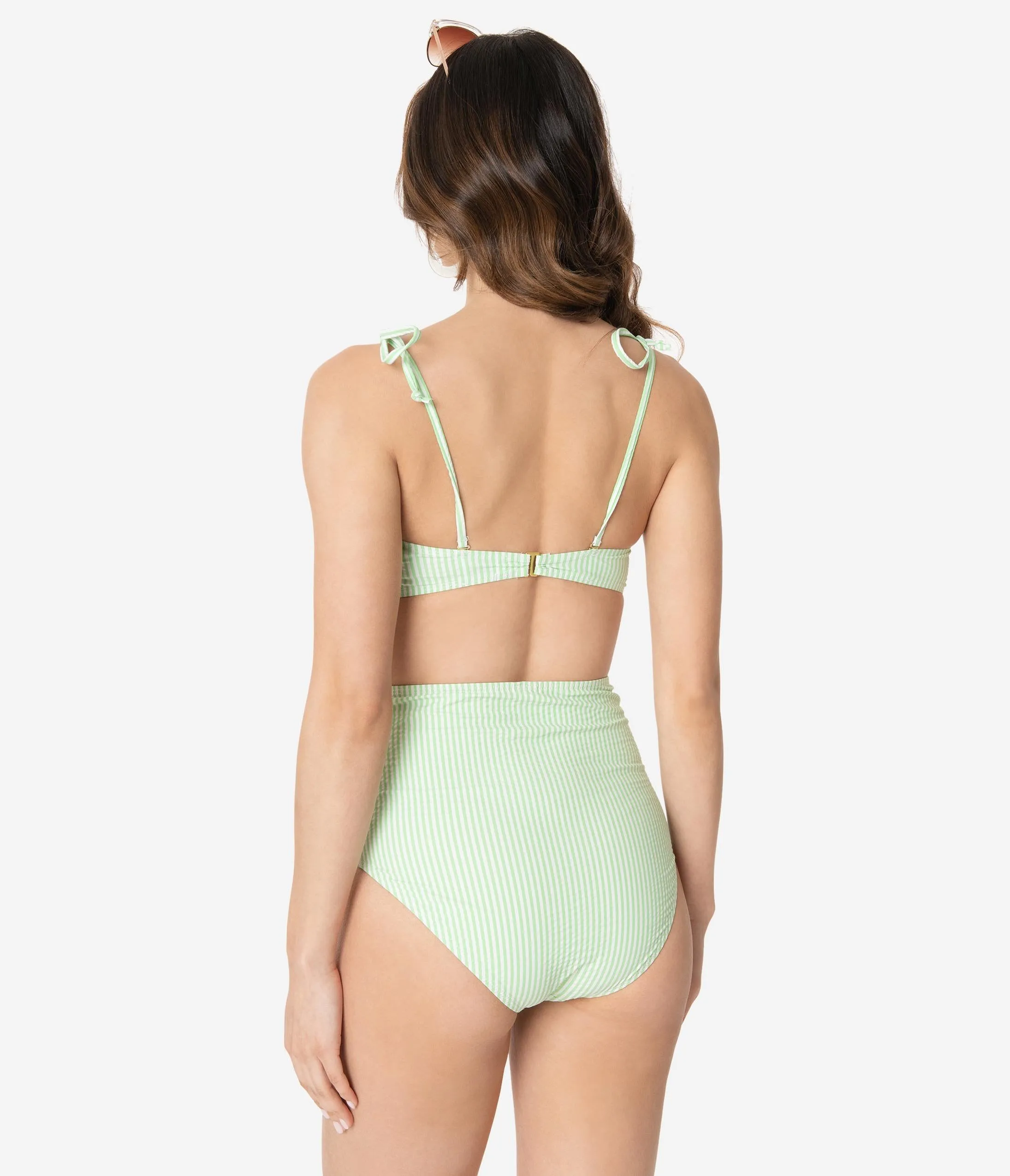 Light Green & White Striped Seersucker Two Piece Swim Set