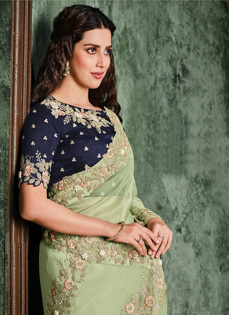 Light Green And Blue Multi Embroidered Designer Saree