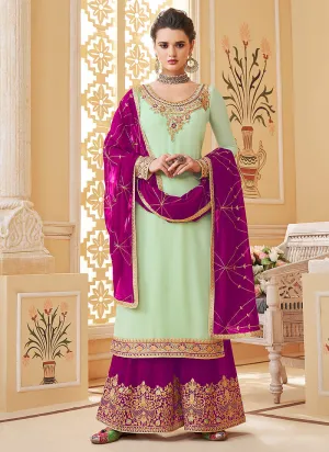 Light Green And Pink Embroidered Palazzo Suit