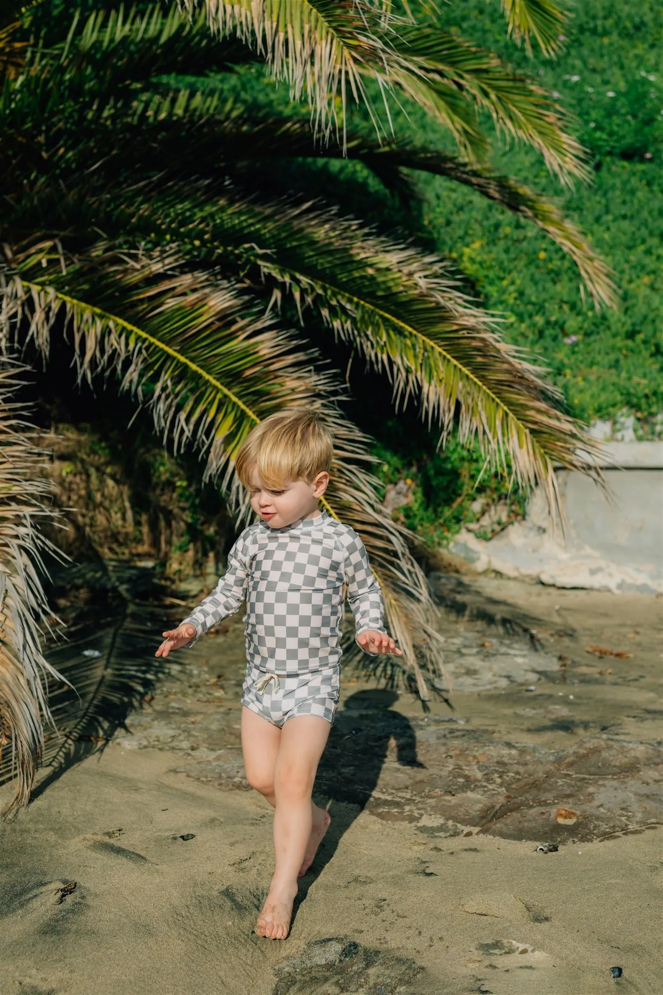 Light Green Checkered Long Sleeve Swim Set