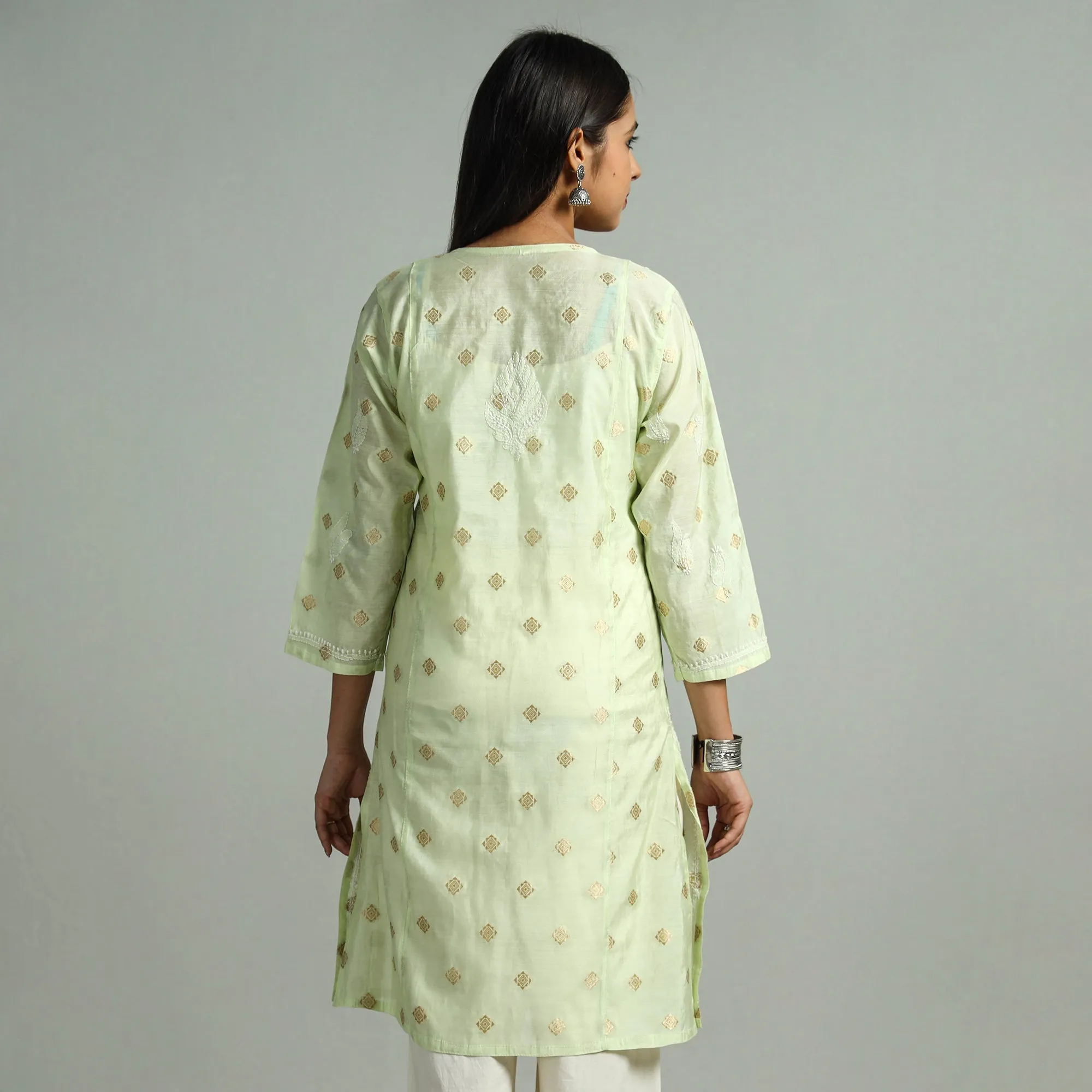 Light Green Chikankari Hand Embroidered Silk Cotton Kurta with Zari Work