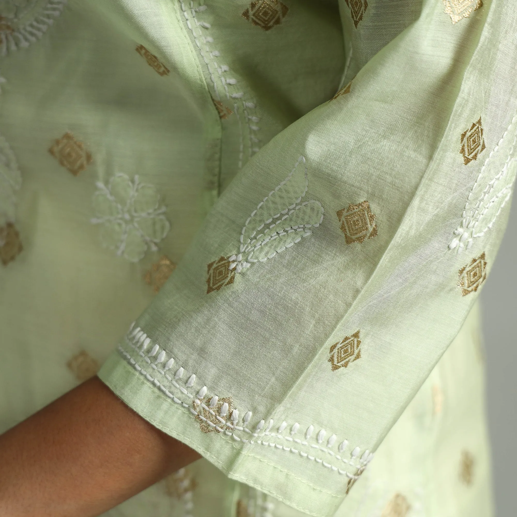 Light Green Chikankari Hand Embroidered Silk Cotton Kurta with Zari Work