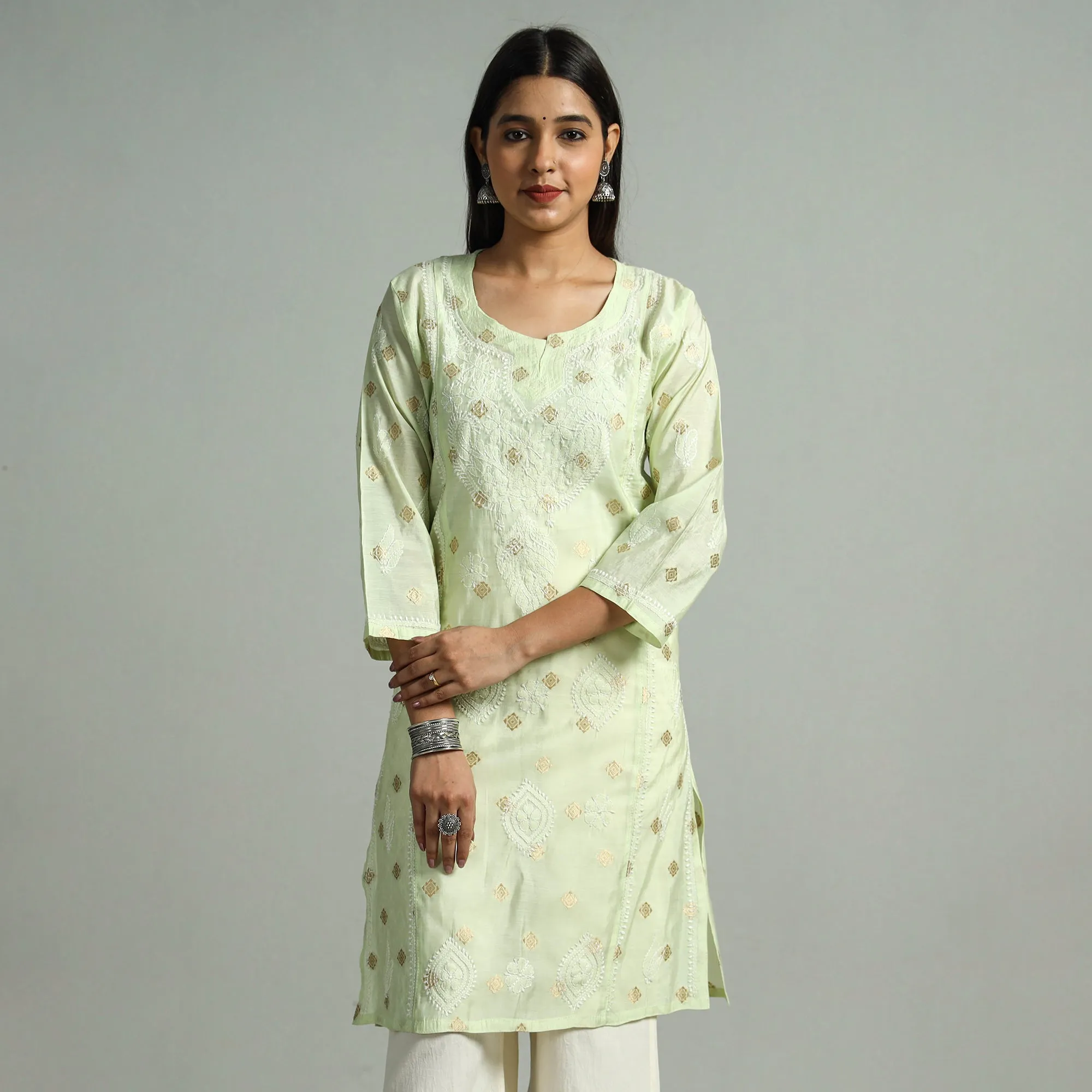 Light Green Chikankari Hand Embroidered Silk Cotton Kurta with Zari Work