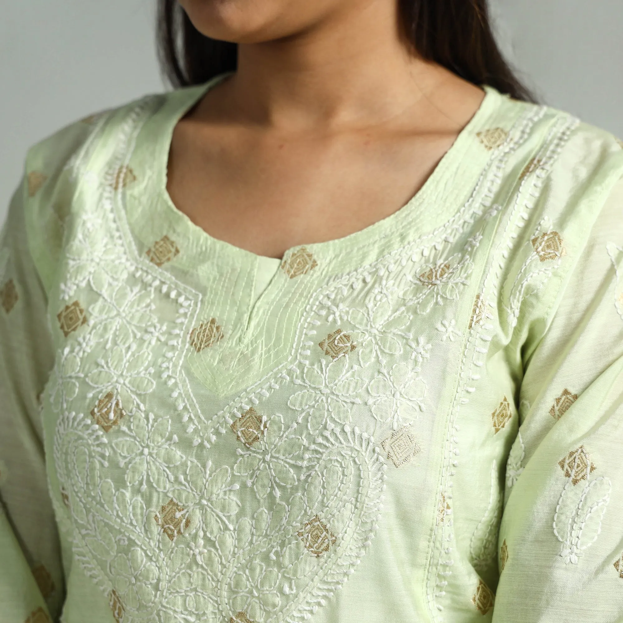 Light Green Chikankari Hand Embroidered Silk Cotton Kurta with Zari Work