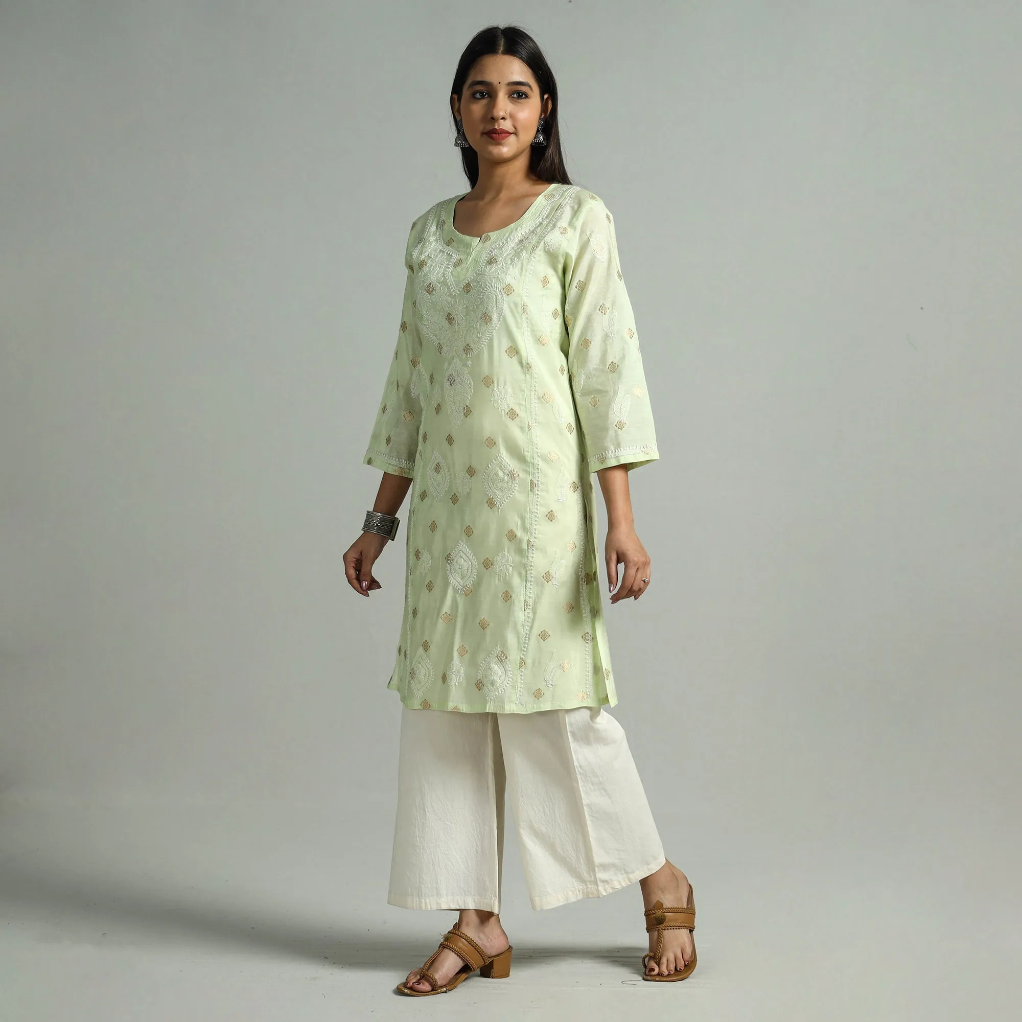 Light Green Chikankari Hand Embroidered Silk Cotton Kurta with Zari Work