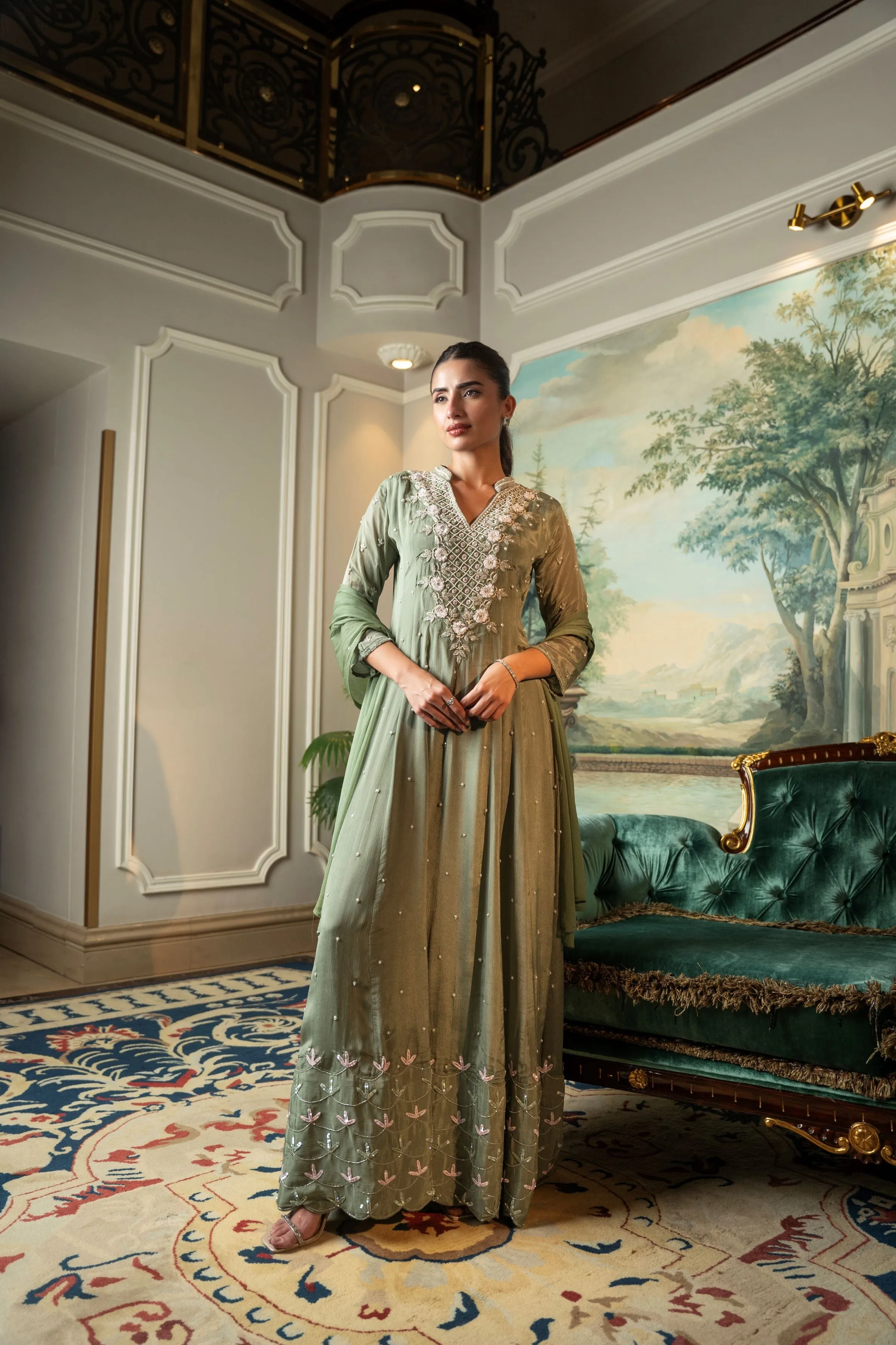 Light Green Embellished Chinon Silk Anarkali Set