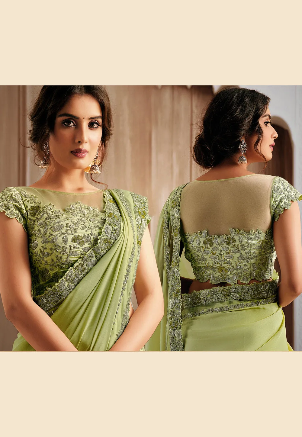 Light Green Embroidered Saree