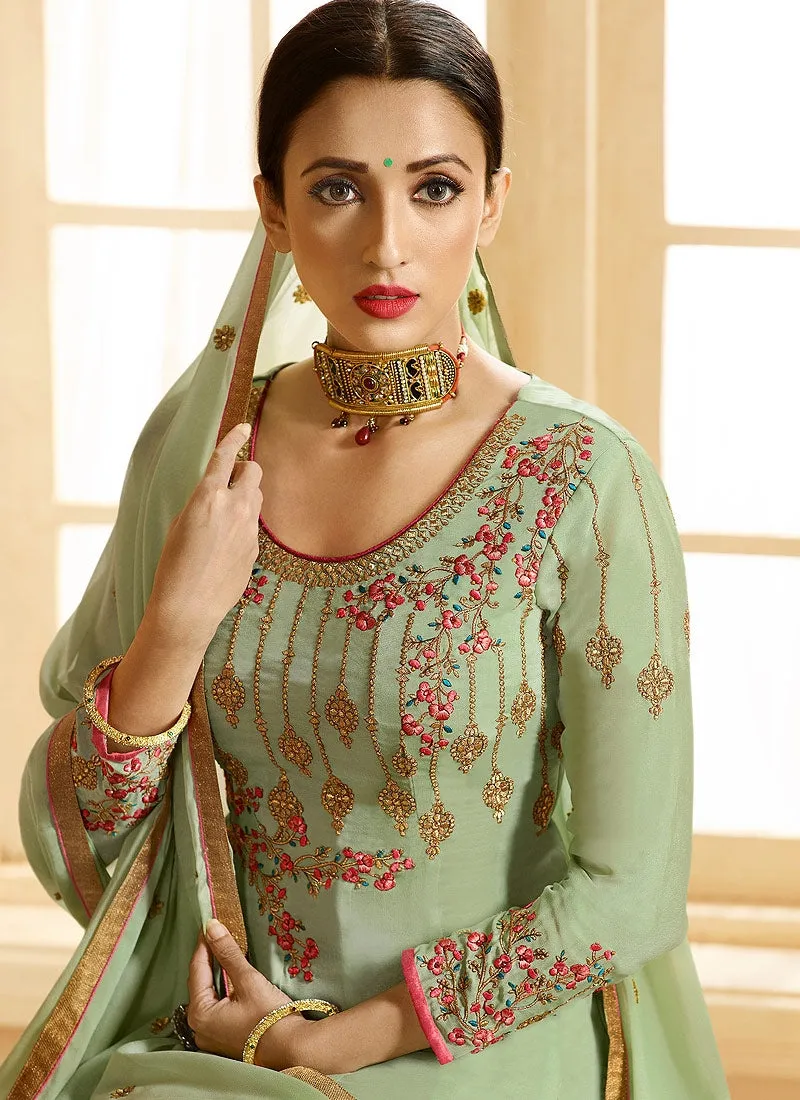 Light Green Ethnic Multi Embroidered Flared Anarkali Suit