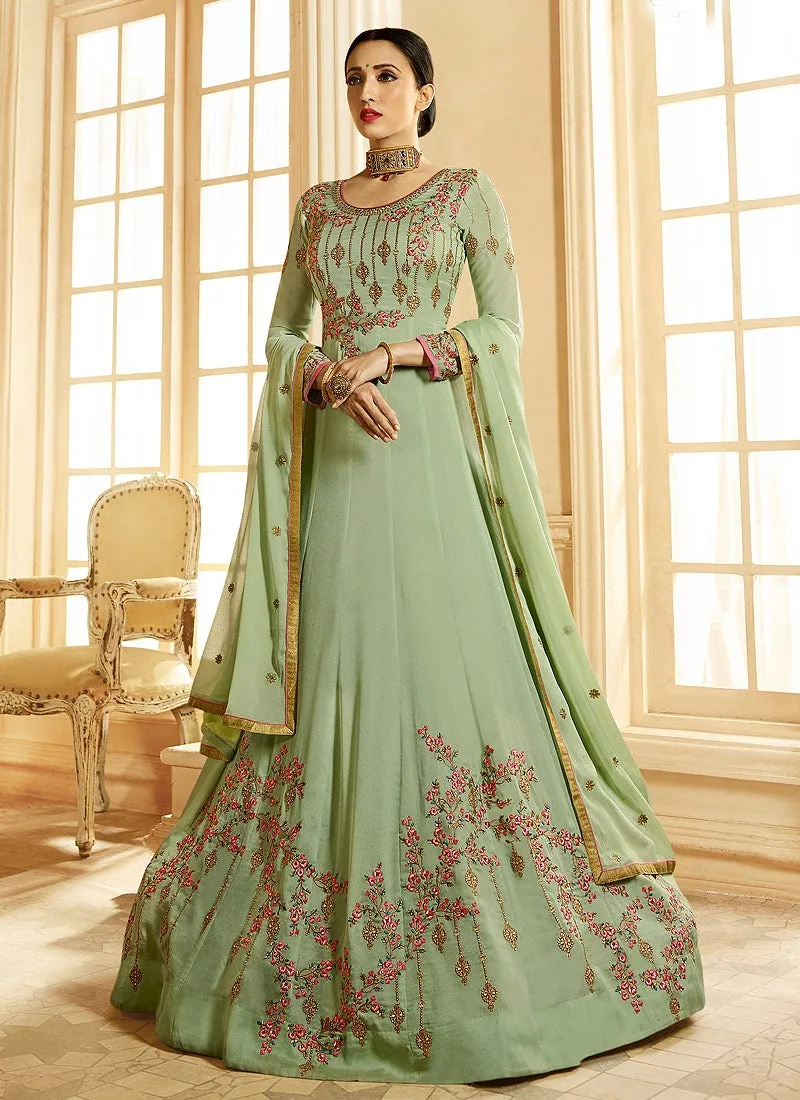 Light Green Ethnic Multi Embroidered Flared Anarkali Suit