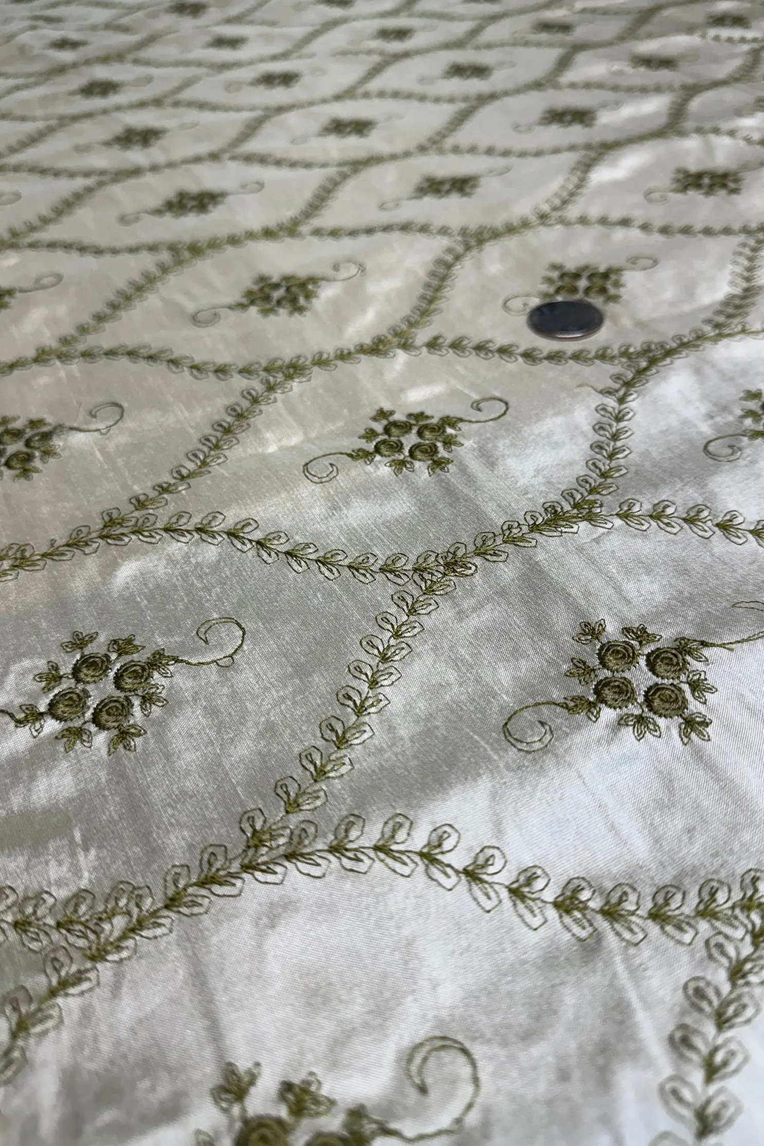 Light Green French Embroidery on Cream Shantung Embroidered Dupioni Silk