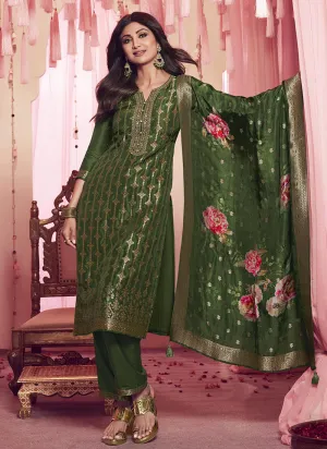 Light Green Golden Sequence Embroidery Traditional Pant Style Suit