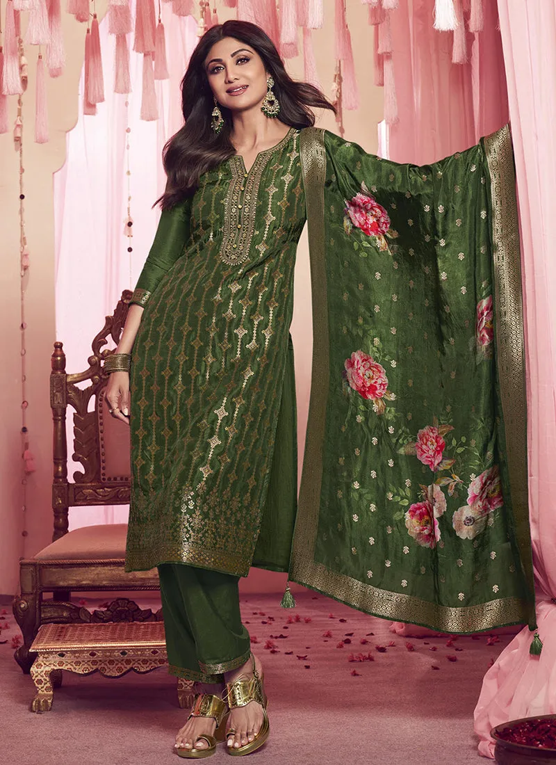 Light Green Golden Sequence Embroidery Traditional Pant Style Suit