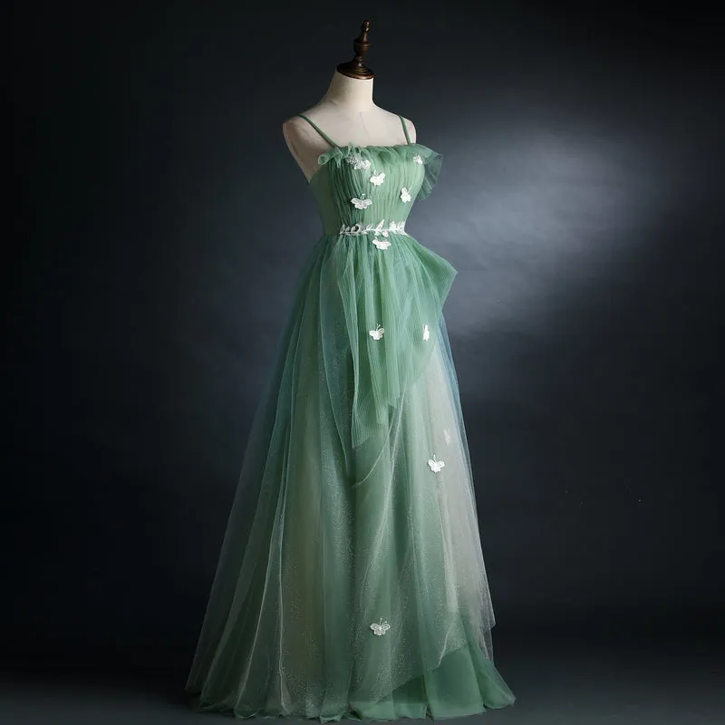 Light Green Gradient Straps Long A-line Prom Dress, Evening Dress Party Dresses