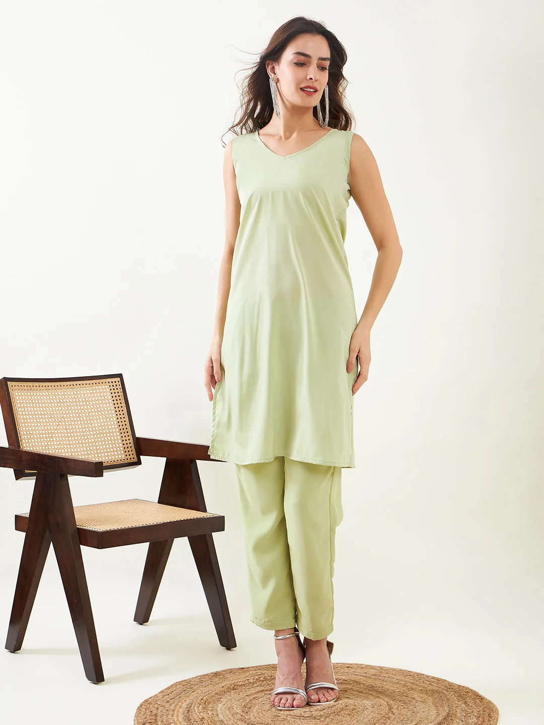 Light Green Hand Embroidred Party Kurta with Slip and Pants