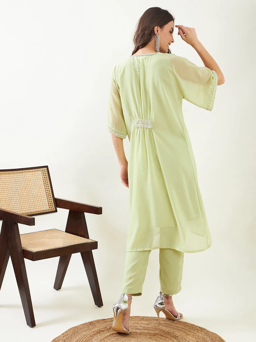 Light Green Hand Embroidred Party Kurta with Slip and Pants