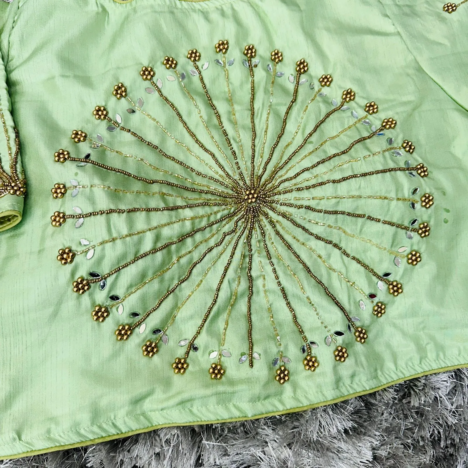 Light Green Handcrafted tumtum silk Golden Blouse with Ambla Mirror Accents