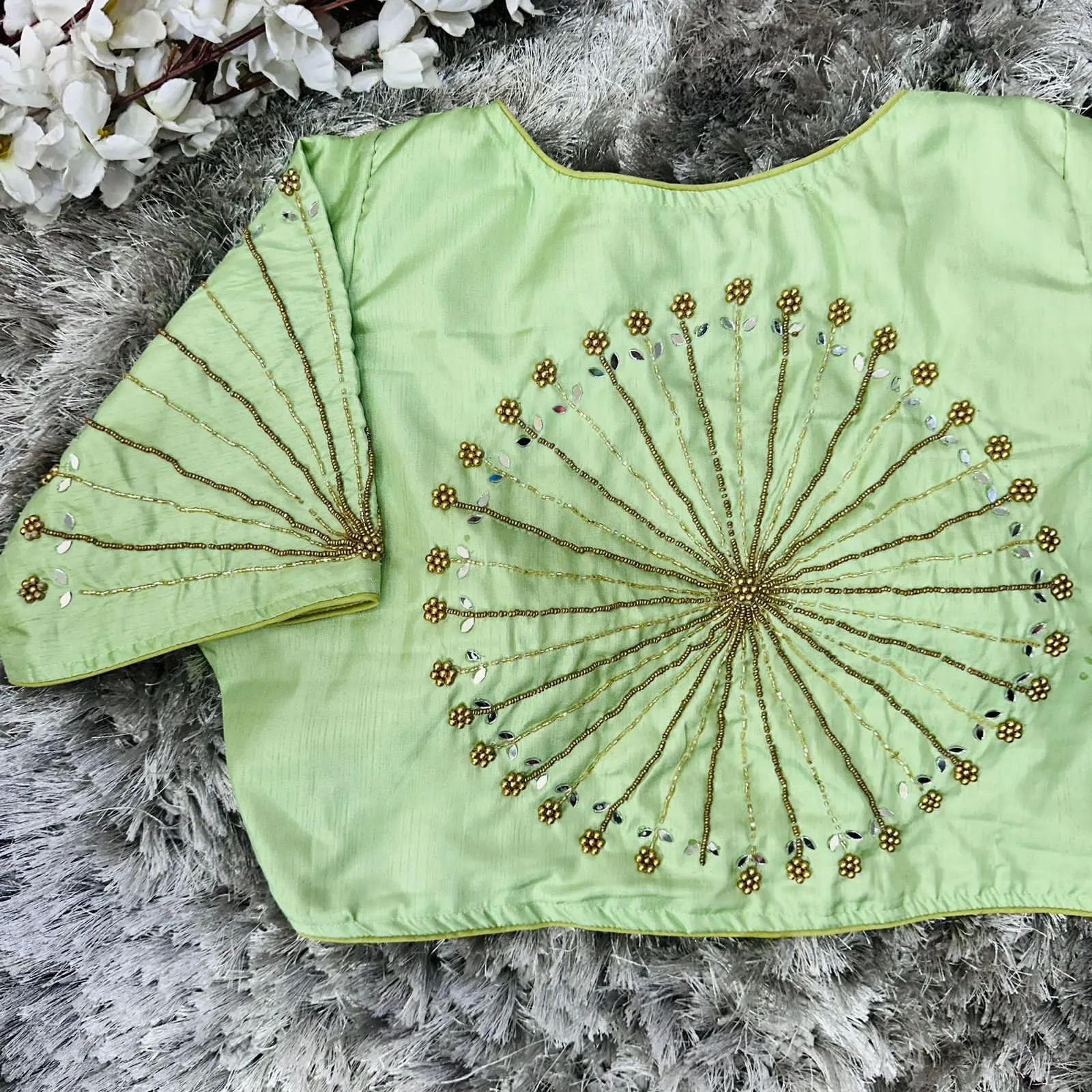 Light Green Handcrafted tumtum silk Golden Blouse with Ambla Mirror Accents