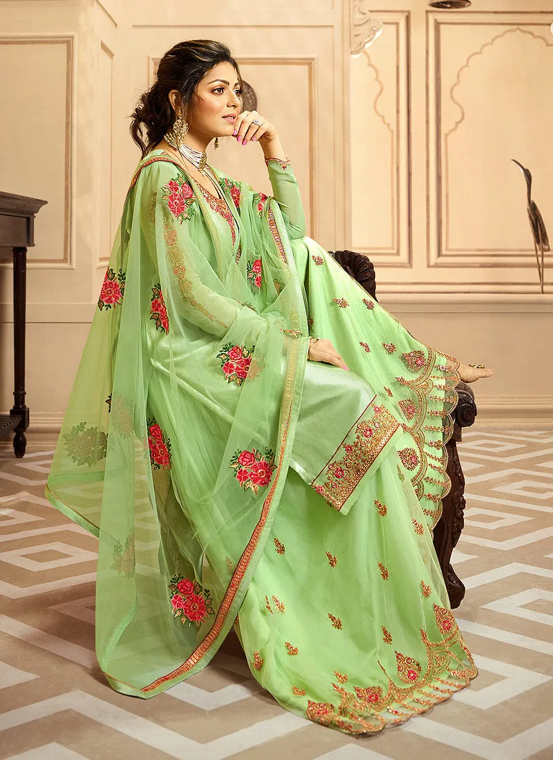 Light Green Multi Embroidered Indian Gharara/Churidar Suit