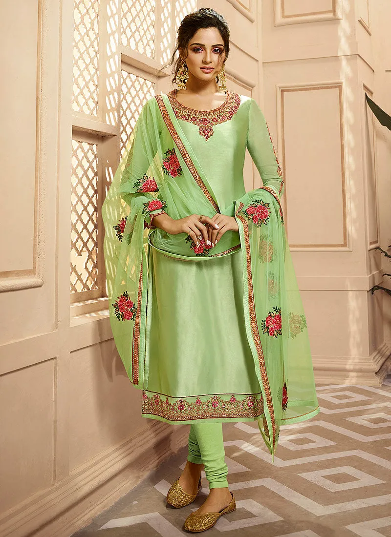 Light Green Multi Embroidered Indian Gharara/Churidar Suit