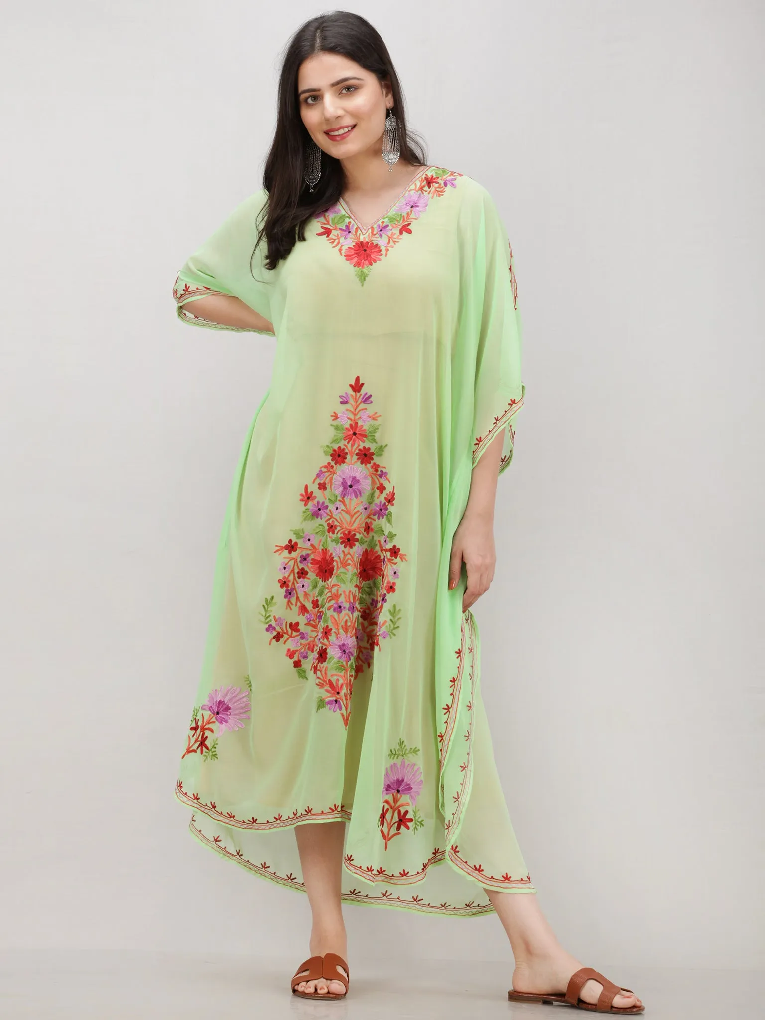 Light Green Multicolor Aari Embroidered Kashmere Free Size Georgette Kaftan  - K12K017