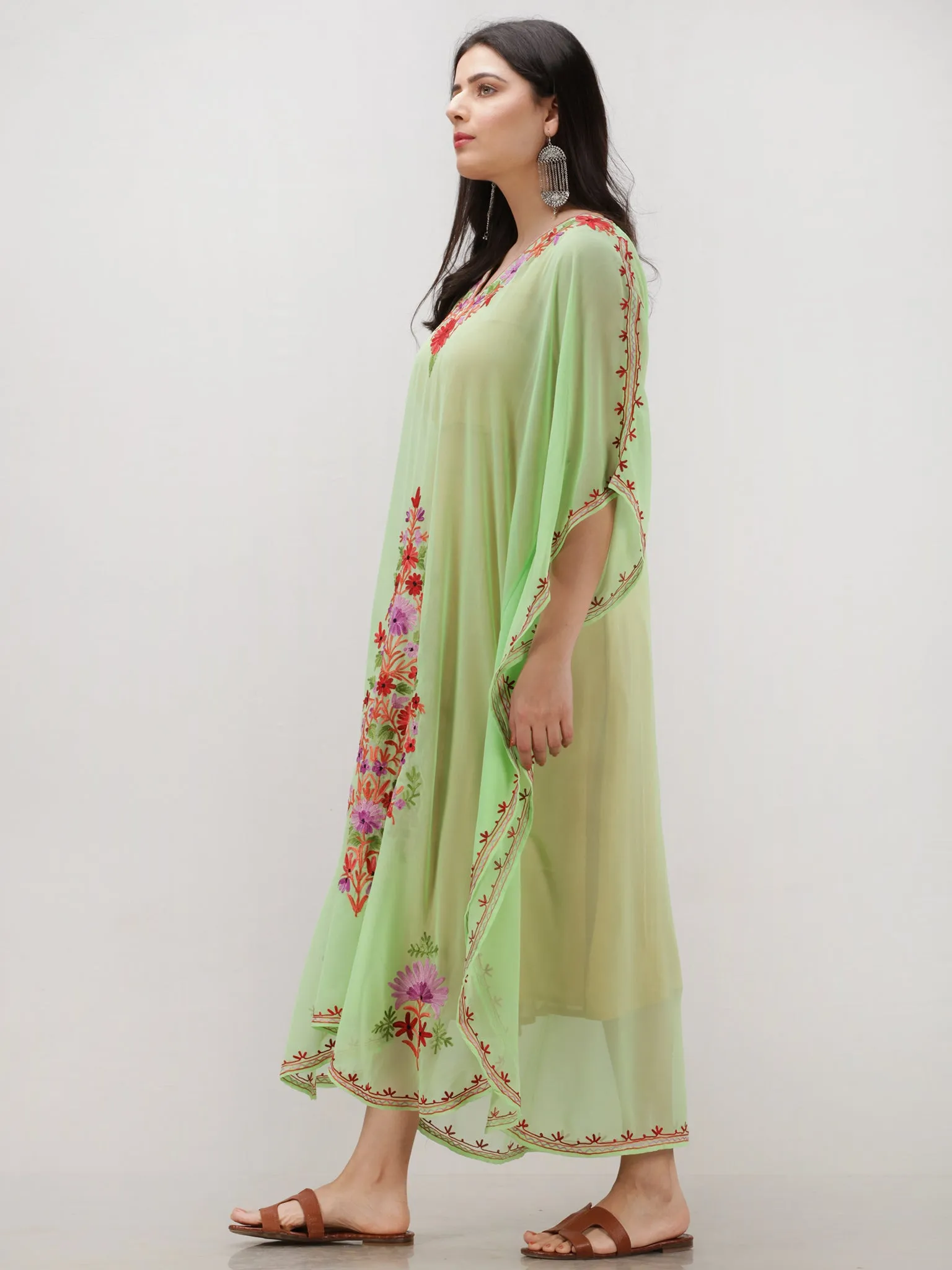 Light Green Multicolor Aari Embroidered Kashmere Free Size Georgette Kaftan  - K12K017