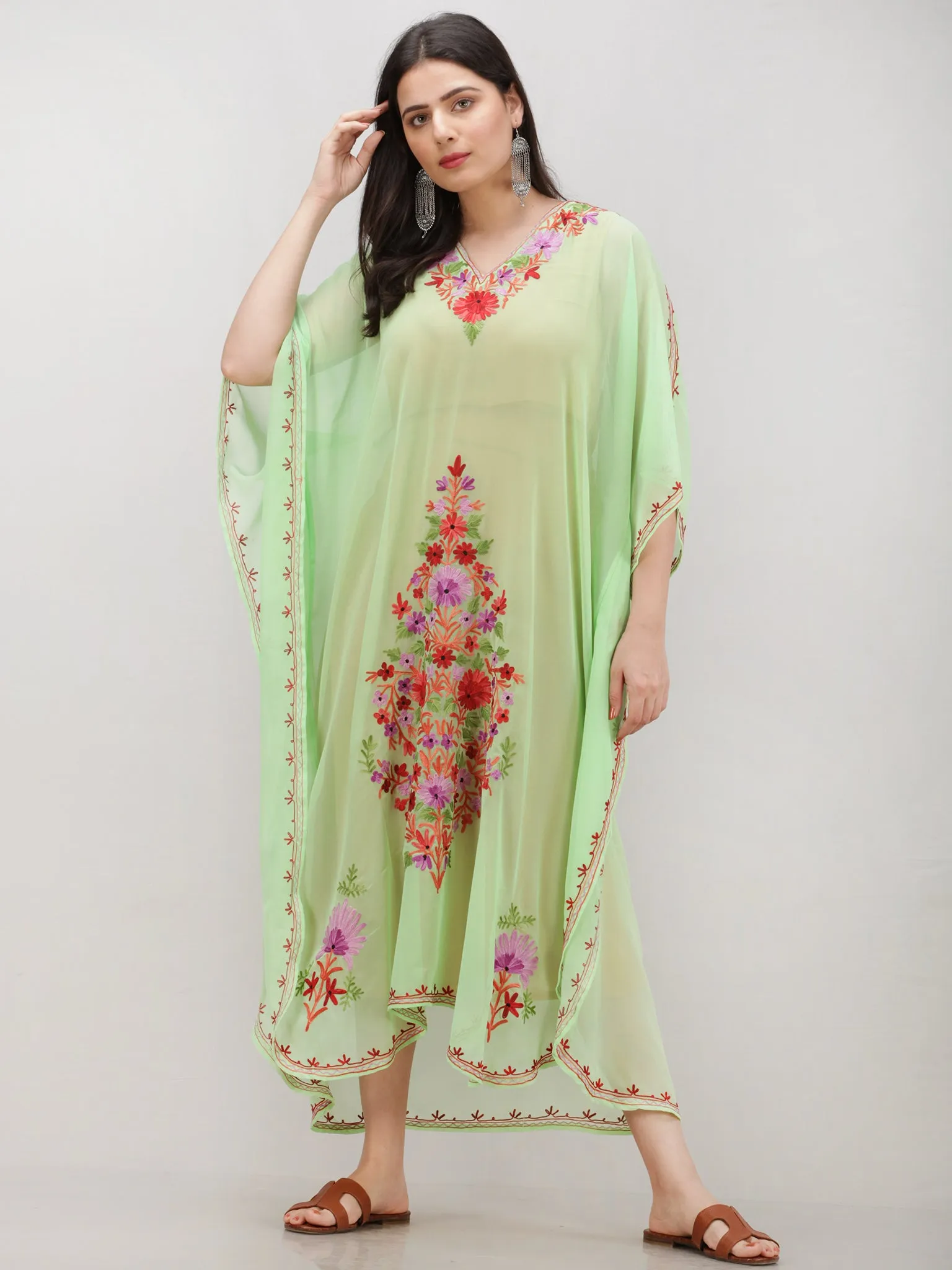 Light Green Multicolor Aari Embroidered Kashmere Free Size Georgette Kaftan  - K12K017