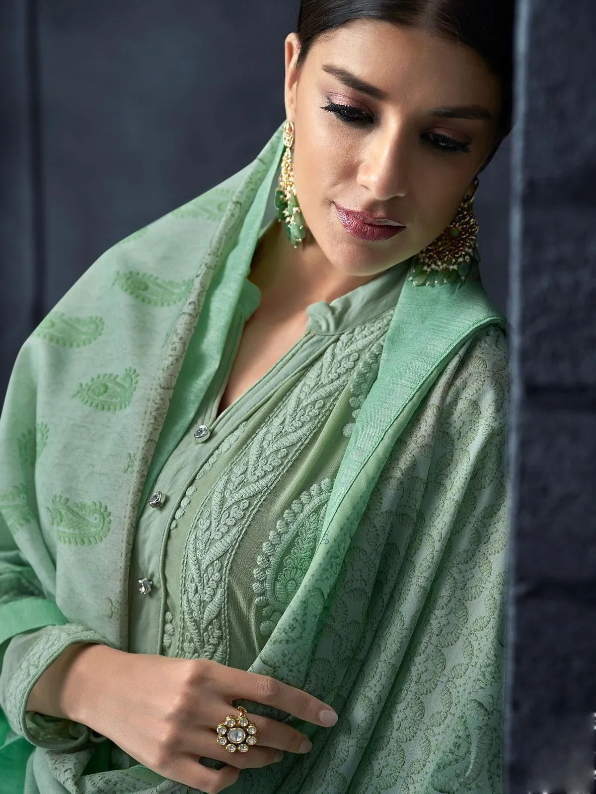 Light Green Over All Lucknowi Embroidered Designer Pant Suit