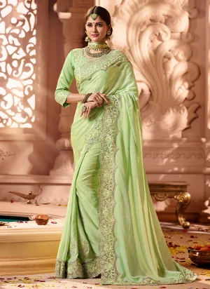 Light Green Overall Traditional Motif Embroidered Designer Silk Saree