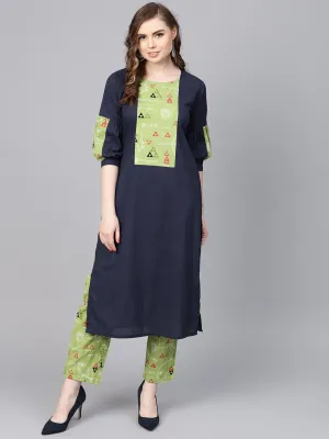 Light green Printed set with Navy Blue Solid Kurta & green printed Palazzo