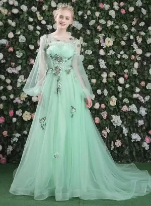 Light Green Puffy Sleeves Long Formal Dress, Green Long Tulle Party Dress