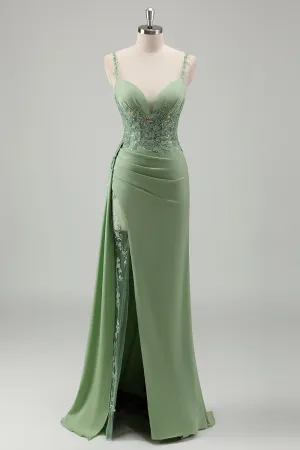 Light Green Ruched Corset Appliques Mermaid Prom Dress with Slit