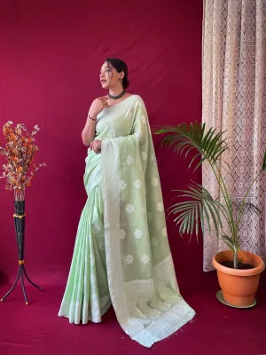 Light Green Saree in Pure Linen Lucknowi