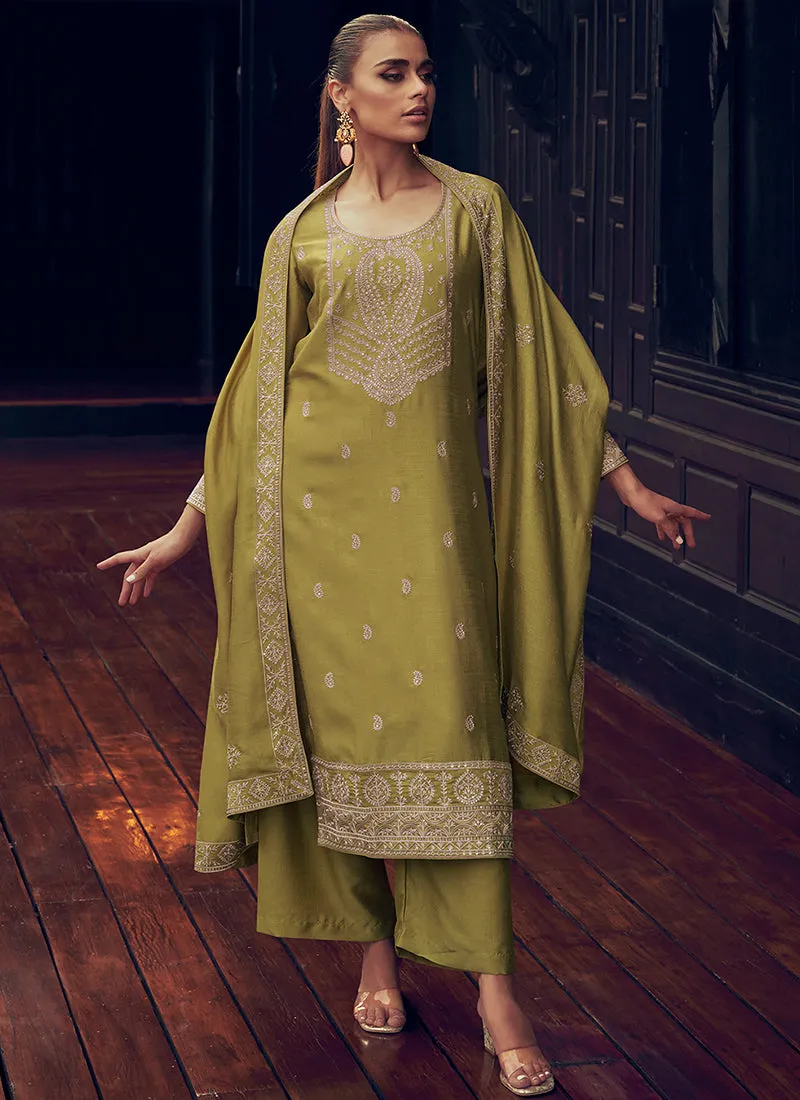 Light Green Sequence Embroidery Traditional Palazzo Suit